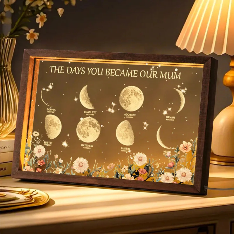 Personalized The Days You Became Our Mom Moon Phase Lightbox Mother's Day Gifts Wood Base