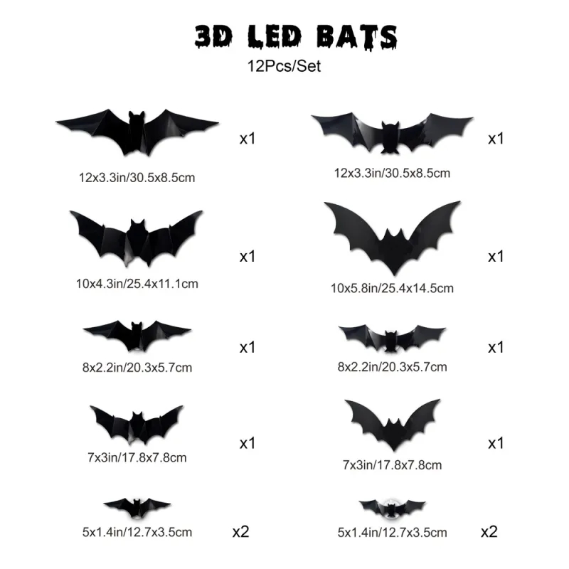 3D Bat Light Design LED Decorations 12pcs Set Spooky Ornaments for Home Party Festival Halloween Easy Install Wall Stickers Smooth Application - Decorative