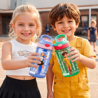 Personalized Cartoon Character BPA-Free 16 oz Transparent Water Bottle with Straw and Name Back to School Gift for Kids