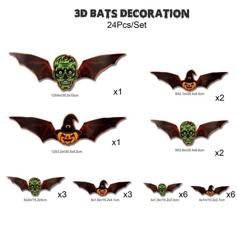 3D Bat Light Design LED Decorations 12pcs Set Spooky Ornaments for Home Party Festival Halloween Easy Install Wall Stickers Smooth Application - Decorative