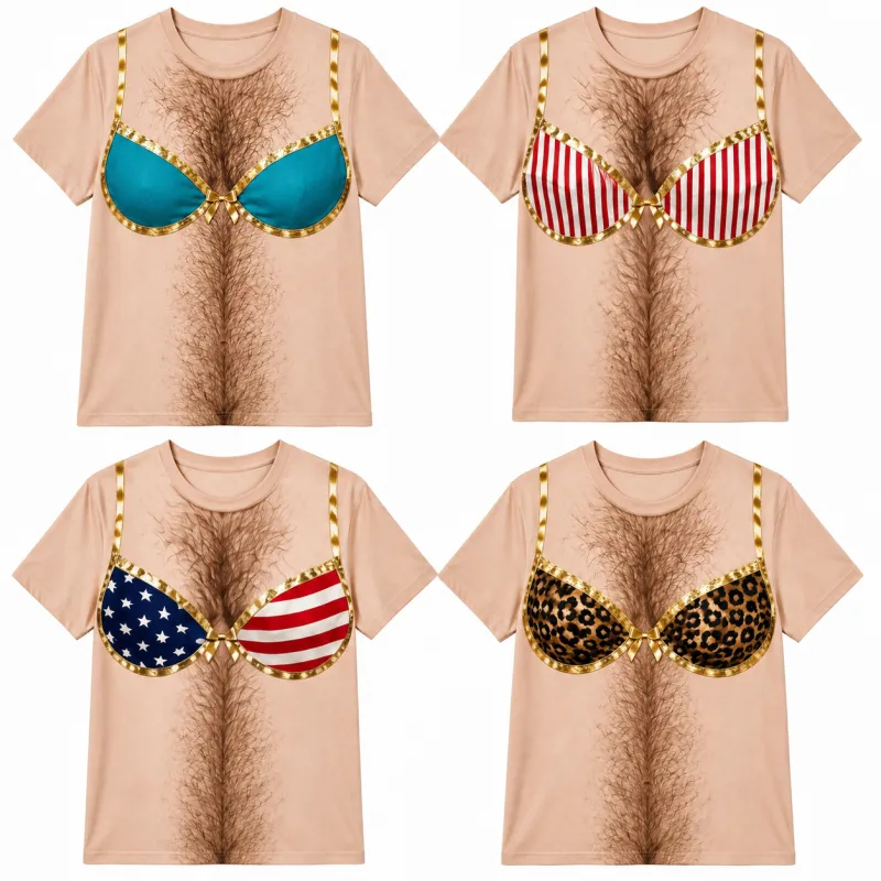 Funny Fake Chest Hair T-Shirt for Men – Novelty Bra Print Graphic Tee, Hilarious Prank Shirt for Parties, Costumes & Gag Gifts