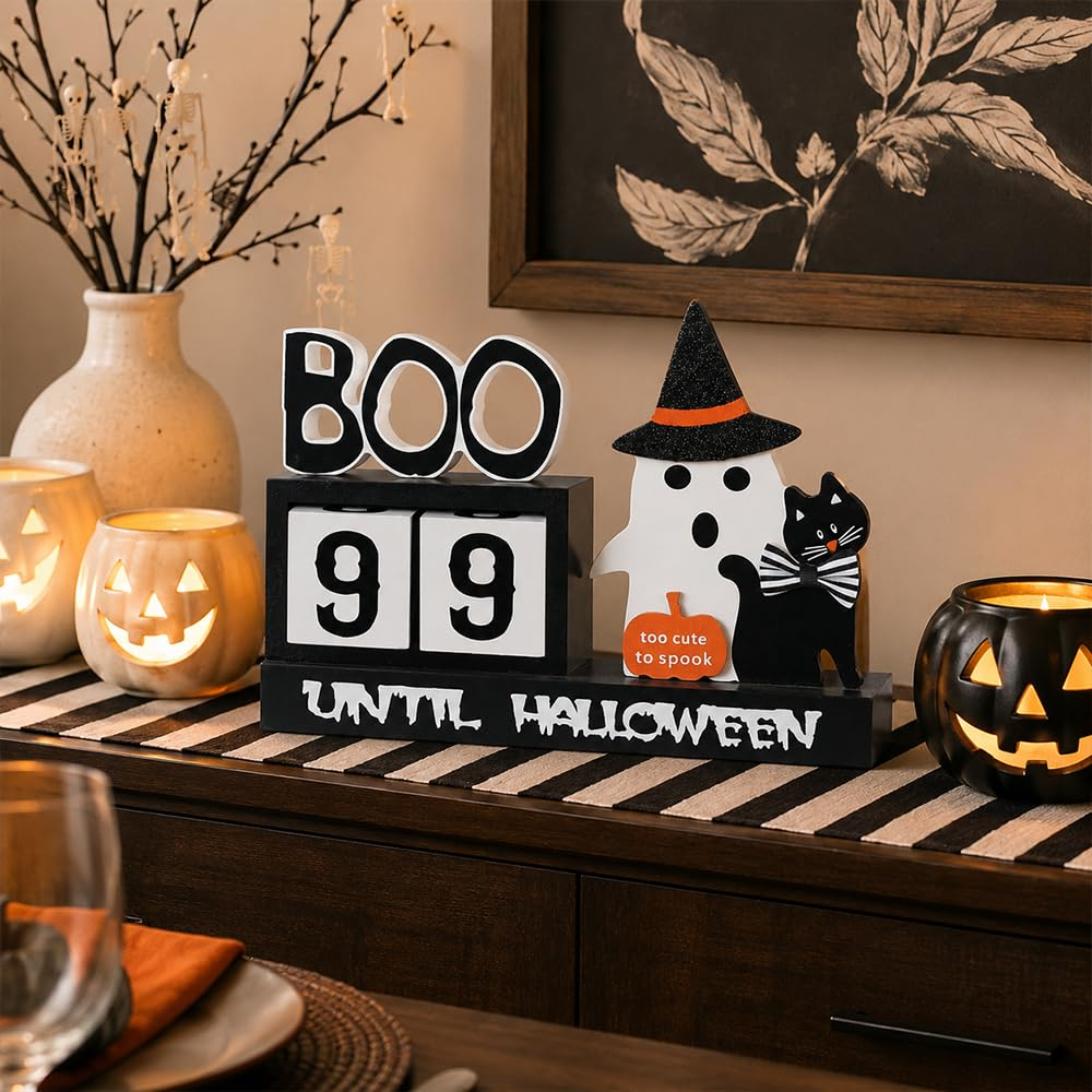 Wood Halloween Countdown Calendar Halloween Decor, Two Movable Numeral Blocks for Counting 99 Days to Halloween, Ghost Ornaments Boo Sign Halloween Room Decor