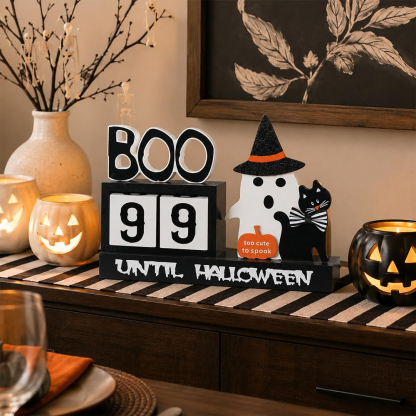 Wood Halloween Countdown Calendar Halloween Decor, Two Movable Numeral Blocks for Counting 99 Days to Halloween, Ghost Ornaments Boo Sign Halloween Room Decor