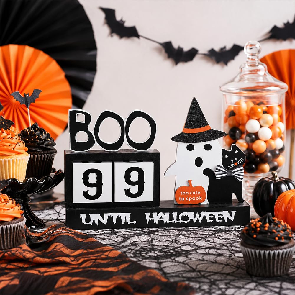 Wood Halloween Countdown Calendar Halloween Decor, Two Movable Numeral Blocks for Counting 99 Days to Halloween, Ghost Ornaments Boo Sign Halloween Room Decor