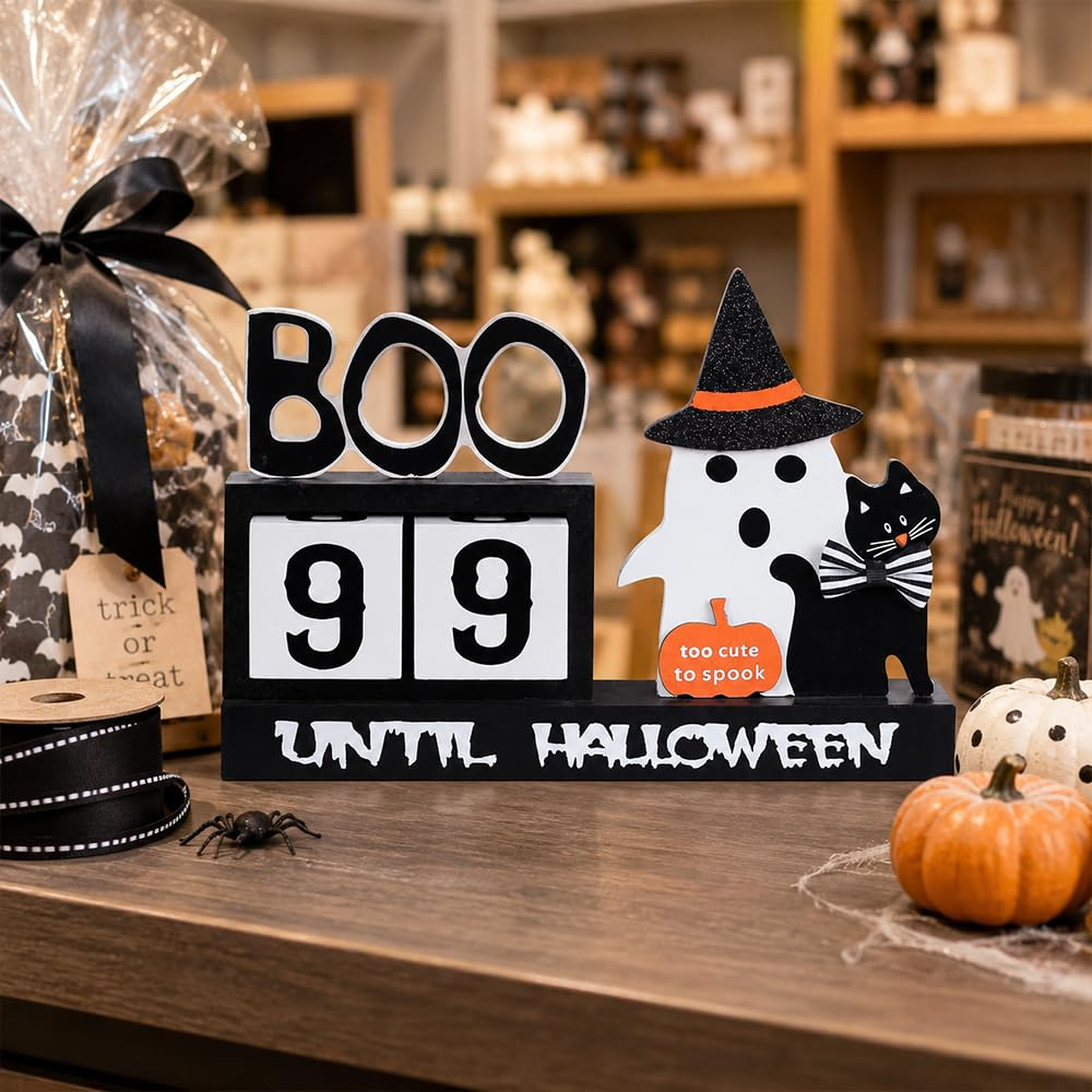 Wood Halloween Countdown Calendar Halloween Decor, Two Movable Numeral Blocks for Counting 99 Days to Halloween, Ghost Ornaments Boo Sign Halloween Room Decor