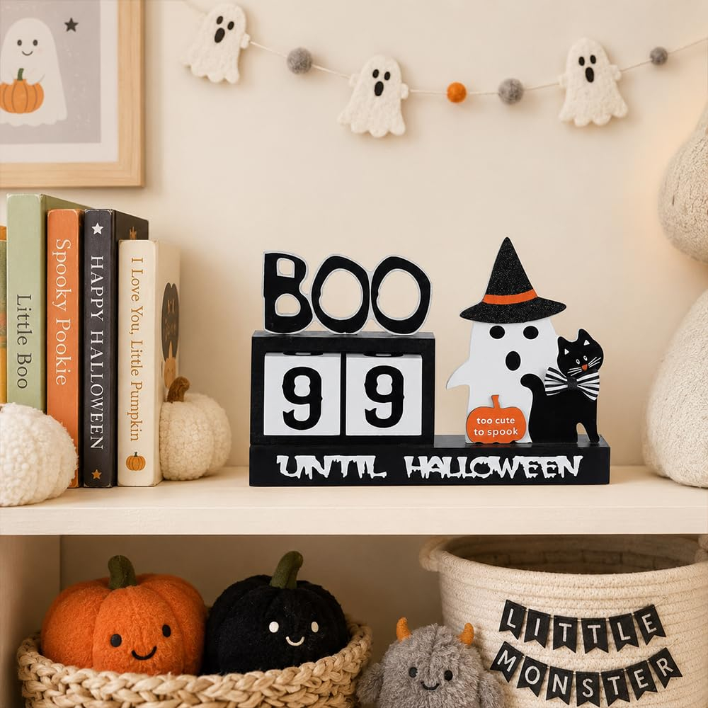 Wood Halloween Countdown Calendar Halloween Decor, Two Movable Numeral Blocks for Counting 99 Days to Halloween, Ghost Ornaments Boo Sign Halloween Room Decor