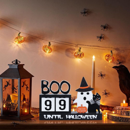Wood Halloween Countdown Calendar Halloween Decor, Two Movable Numeral Blocks for Counting 99 Days to Halloween, Ghost Ornaments Boo Sign Halloween Room Decor