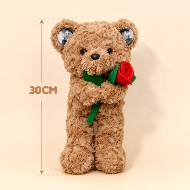 Custom Photo Teddy Bear with Rose Personalized Plush Bear with Pictures on Ears & Feet Romantic Gift for Anniversary