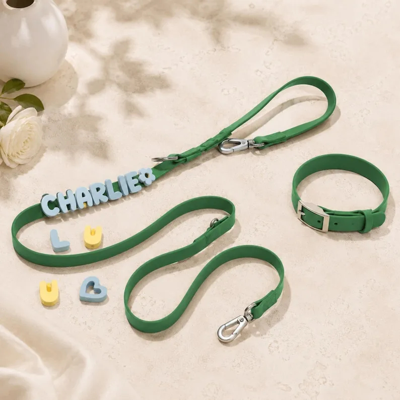 Personalized Waterproof Silicone Pet Collar Replaceable Letter Charms Pet Collar & Leash Set Easy to Clean Outdoor Pet Supplies