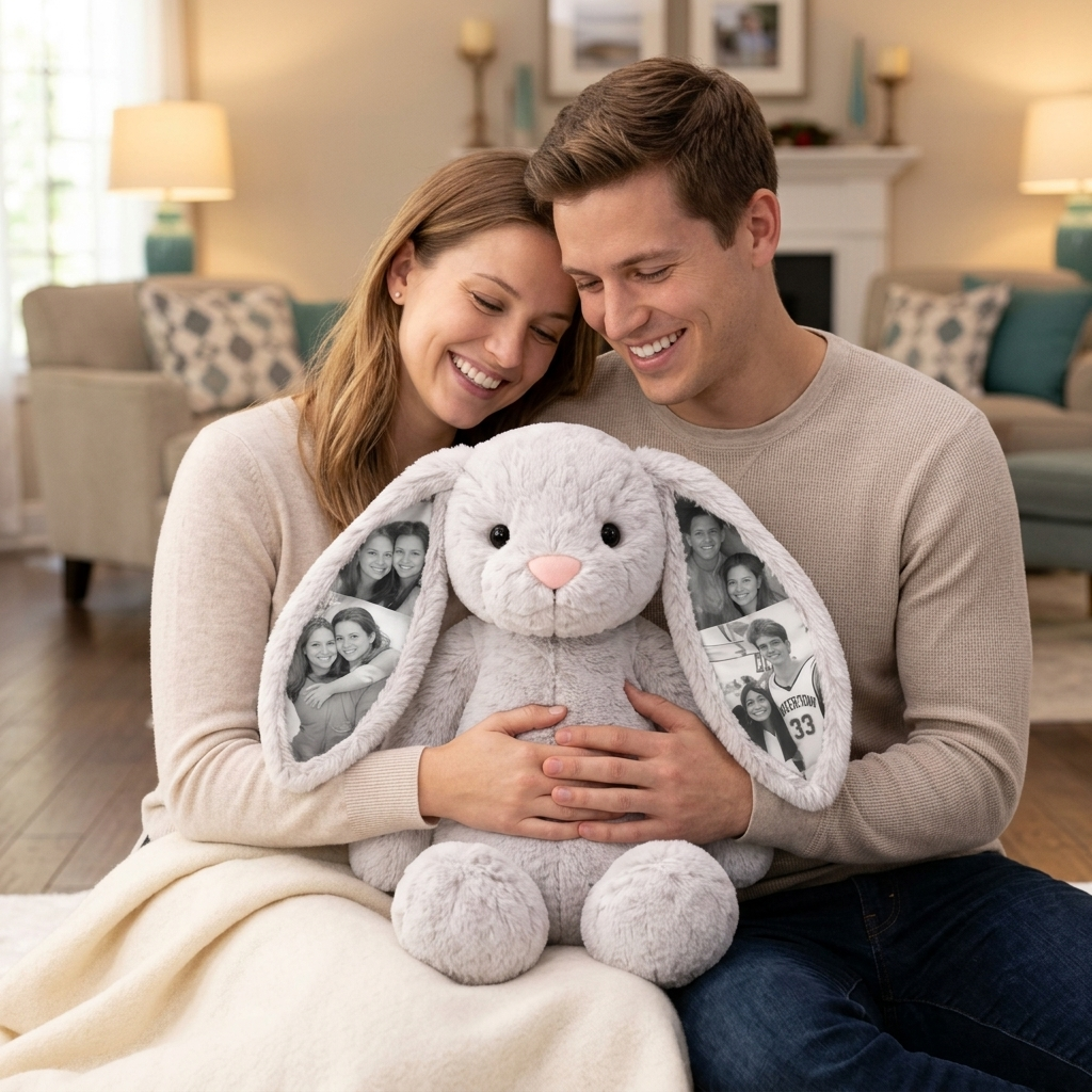 Custom Photo Bunny Plush Personalized Hidden Ear Picture Bunny Gift for Couples Anniversary Gift For Her