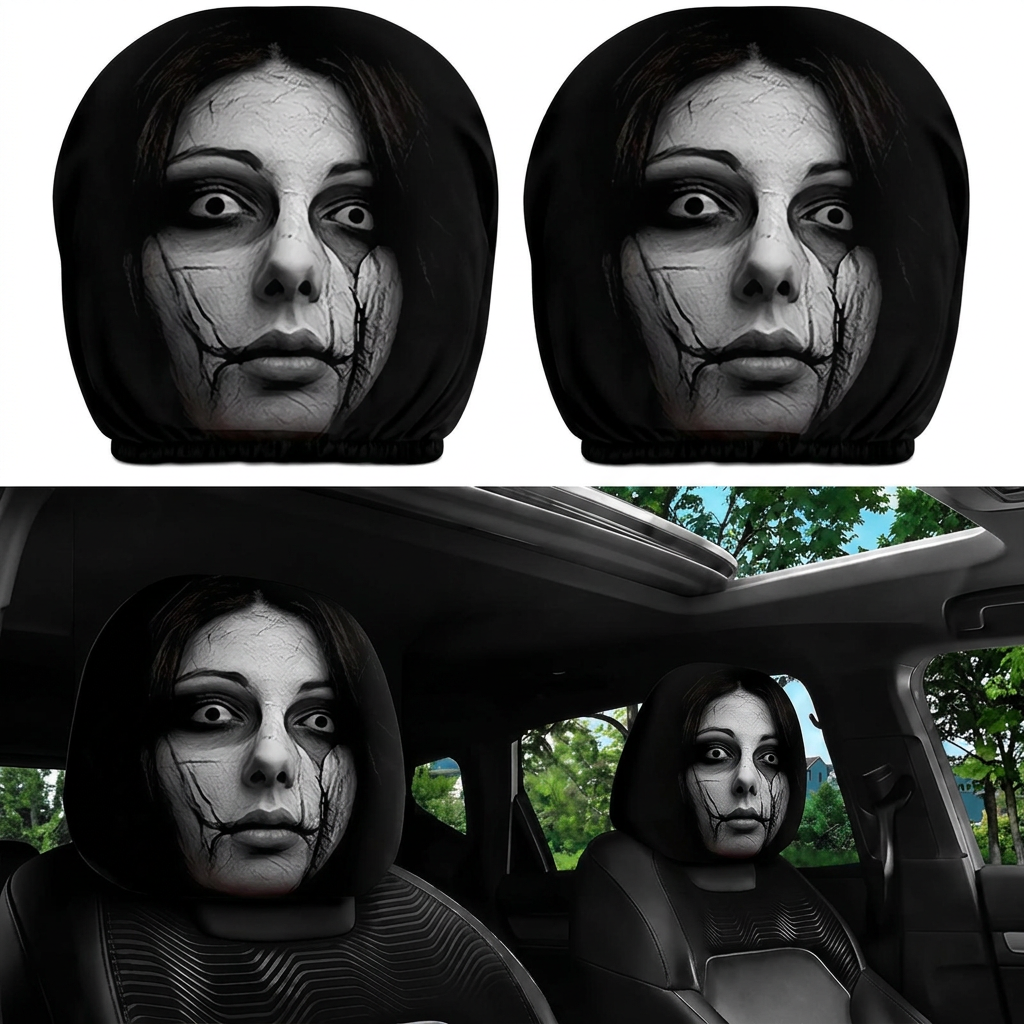 Ghost Face Headrest Covers, Scary Face Printing Auto Seat Universal Elastic Models Headrest Protector