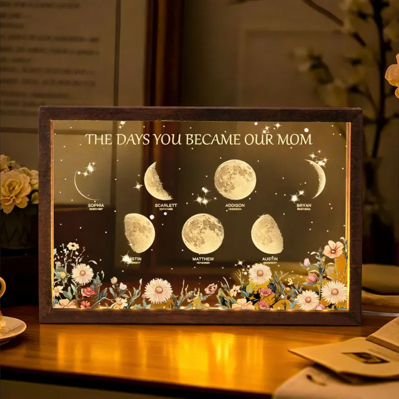 Personalized The Days You Became Our Mom Moon Phase Lightbox Mother's Day Gifts Wood Base