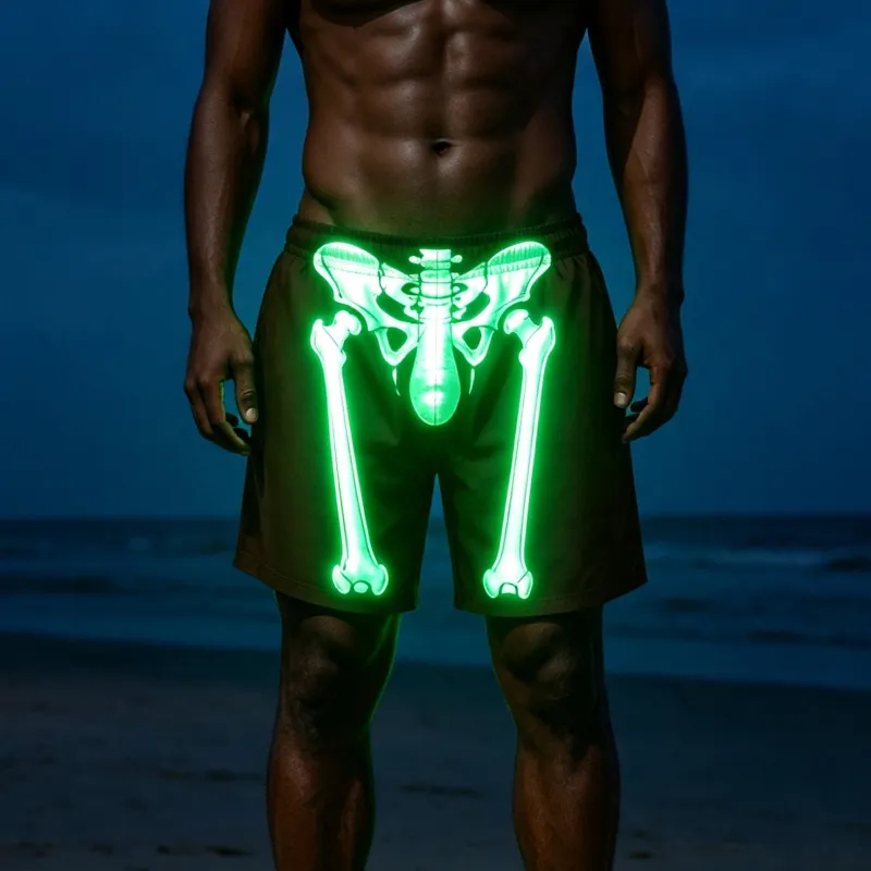 Funny Glowing X Ray Bone Mens Beach Shorts Novelty Glow Skeleton Mens Swim Shorts Quirky Night Swimwear Gift