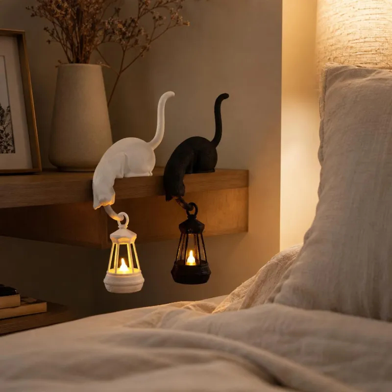 Cat Shelf Hook with Lantern, Cute Cat Figurine Key Holder, Cozy Night Light Decor, Cat Lover Gift, Home Shelf Ornament