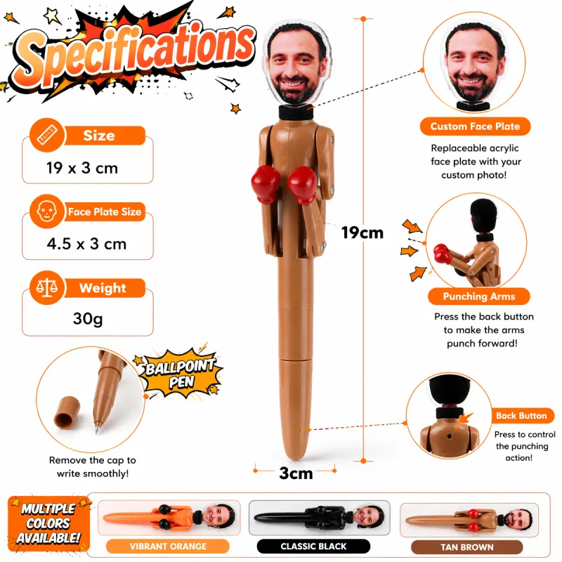 Personalized Face Ballpoint Pen – Custom Face Fighting Pen with Interactive Punching Arms, Funny Gift for Friends & Coworkers