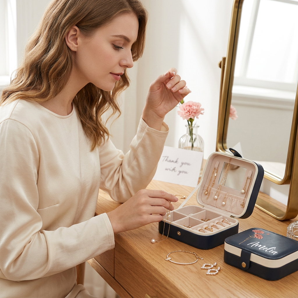 Personalized Birth Flower Leather Travel Jewelry Box with Name Waterproof Multiple Compartments Birthday Bridesmaid Gift for Women Girls