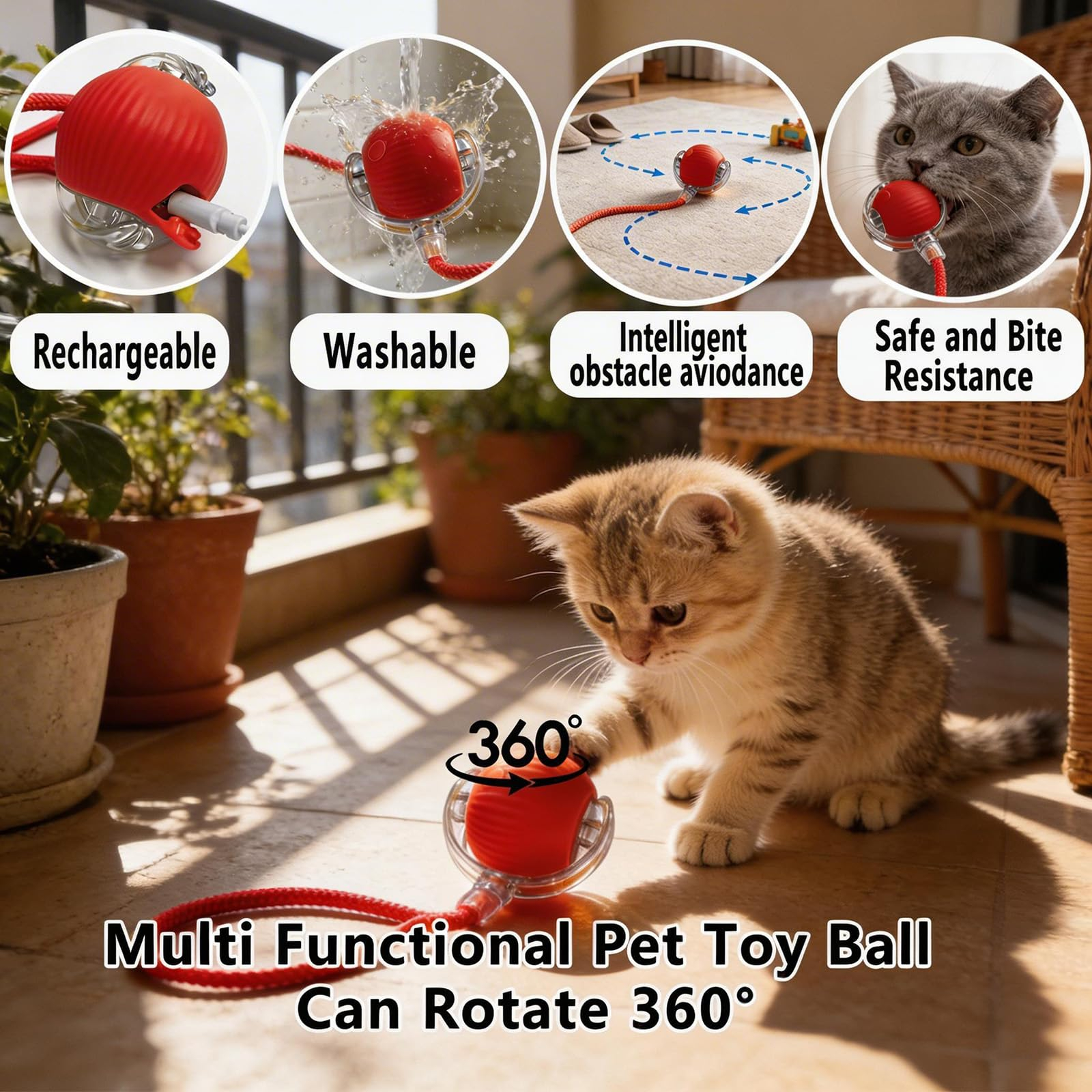 Cat Toy Ball with Tail Rope, Smart Rolling Ball, LED Light, Electric Self-Rolling Pet Toy, Interactive Cat Jumping Ball, Automatic Cat Teaser Ball, Small Dog Toy, Pet Excercise, Cat Activity