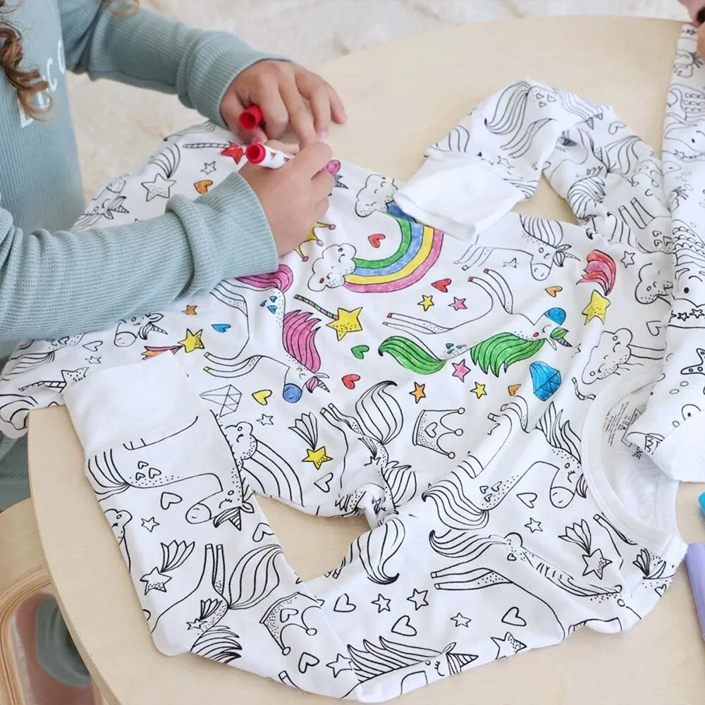 Kids Pajamas Set Coloring DIY Sleepwear Nightwear Boys Girls Cotton Shirt Pants