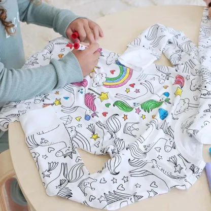 Kids Pajamas Set Coloring DIY Sleepwear Nightwear Boys Girls Cotton Shirt Pants