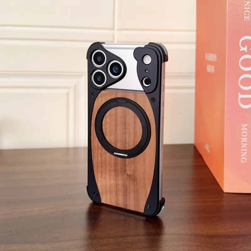 Walnut Wood Phone Case Metal Bumper Magnetic Wireless Charging Compatible 360 Rotatable Ring Kickstand Shockproof Heavy Duty Cover Gift for Men