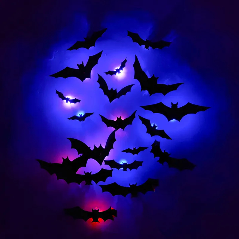 3D Bat Light Design LED Decorations 12pcs Set Spooky Ornaments for Home Party Festival Halloween Easy Install Wall Stickers Smooth Application - Decorative