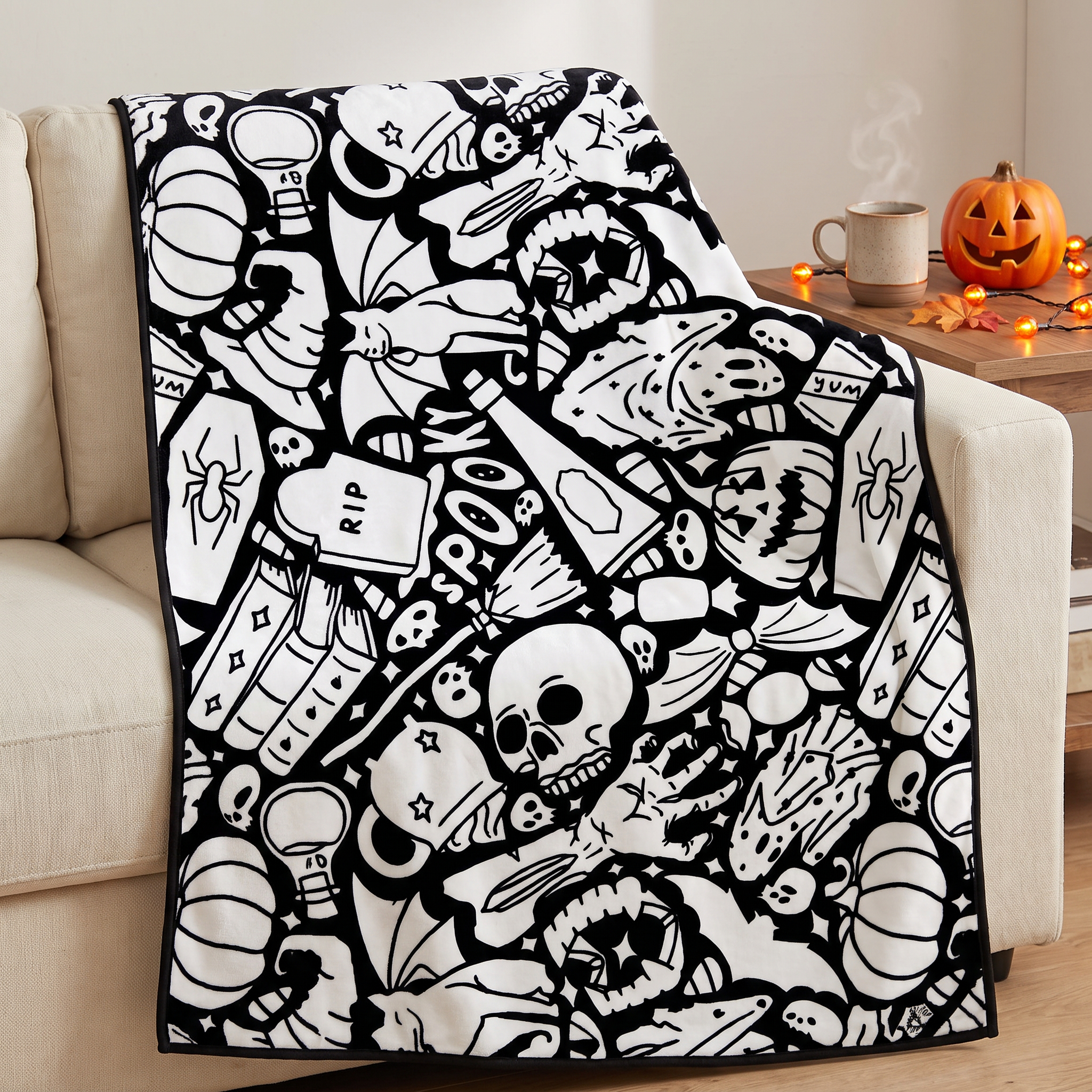 Halloween Creative Gift Kids DIY Coloring Blanket, Spooky Skull Pumpkin Reusable Fabric Doodle Throw for Halloween Family Craft Night