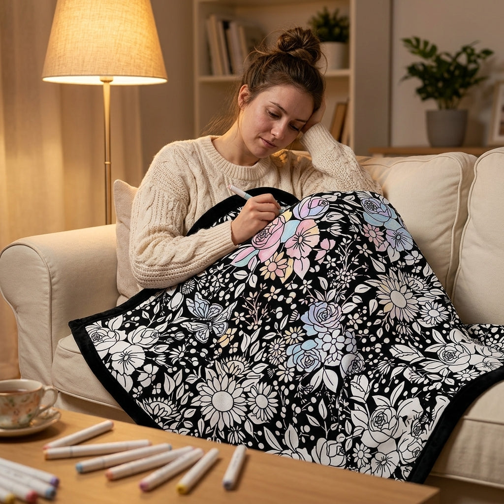 Coloring Blanket with Washable Markers DIY Coloring Blanket Washable Coloring Throw, Family Activity Gift, Stress Relief Craft for Adults and Kids