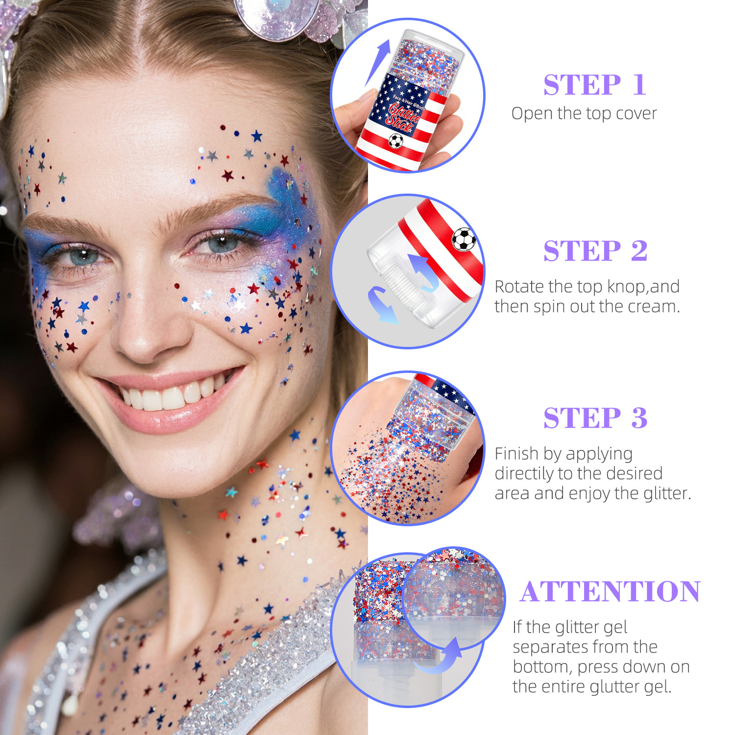 4th of July Face Glitter Stick Red White & Blue Body Hair Sparkle 