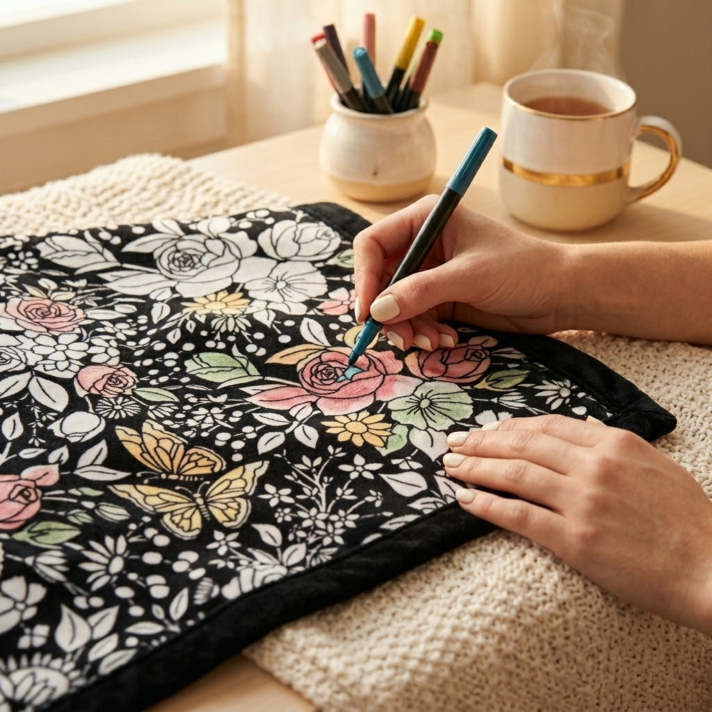 Coloring Blanket with Washable Markers DIY Coloring Blanket Washable Coloring Throw, Family Activity Gift, Stress Relief Craft for Adults and Kids