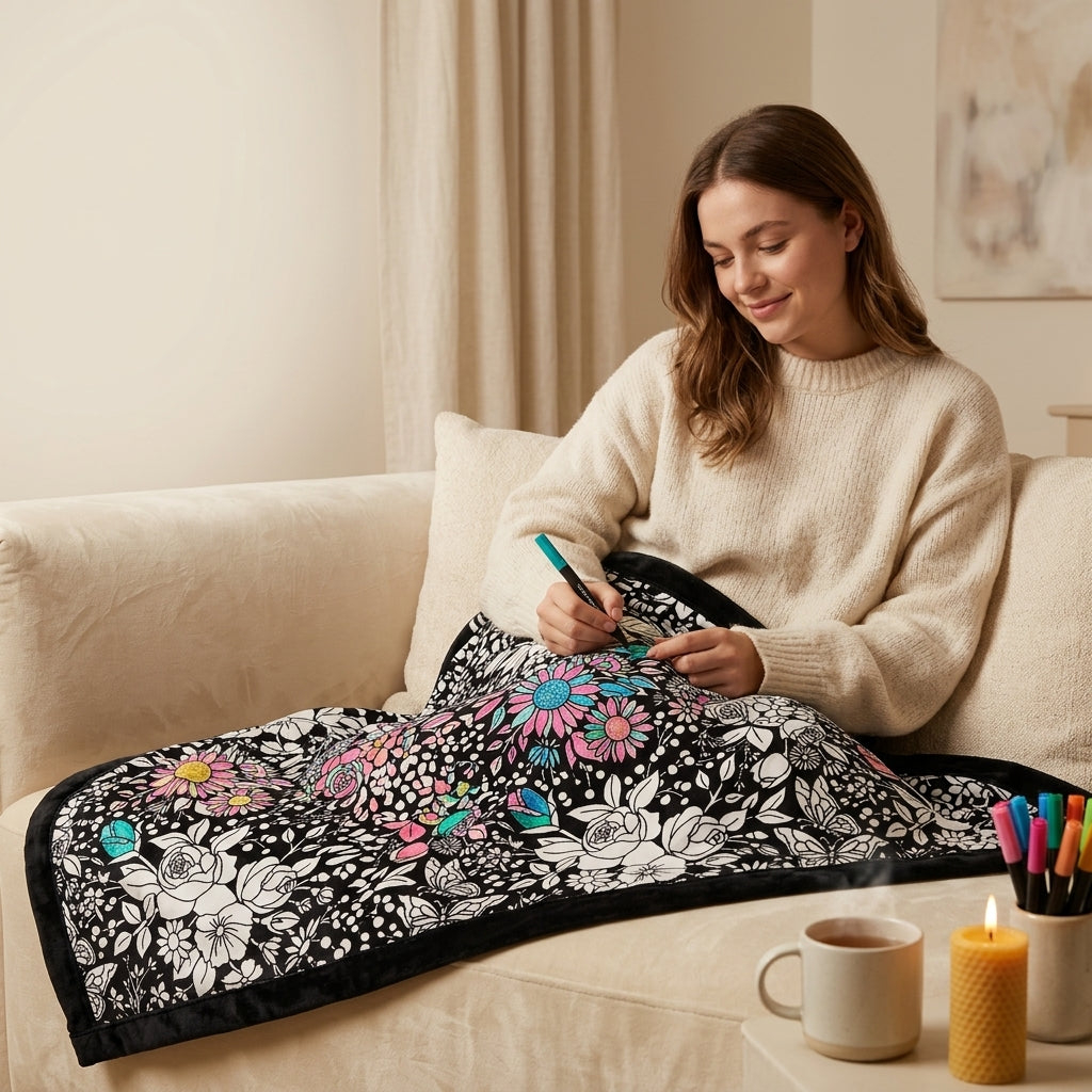 Coloring Blanket with Washable Markers DIY Coloring Blanket Washable Coloring Throw, Family Activity Gift, Stress Relief Craft for Adults and Kids