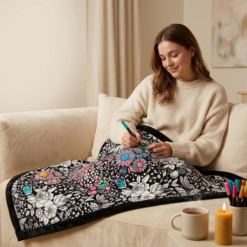 Coloring Blanket with Washable Markers DIY Coloring Blanket Washable Coloring Throw, Family Activity Gift, Stress Relief Craft for Adults and Kids