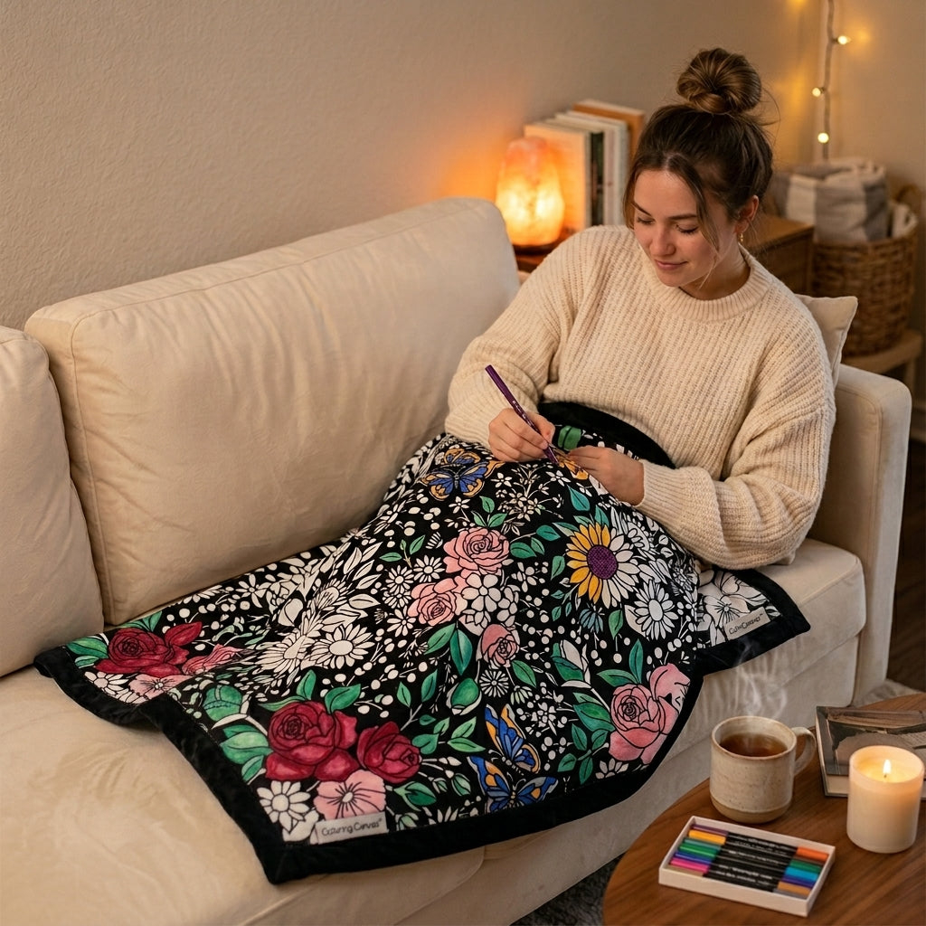 Coloring Blanket with Washable Markers DIY Coloring Blanket Washable Coloring Throw, Family Activity Gift, Stress Relief Craft for Adults and Kids