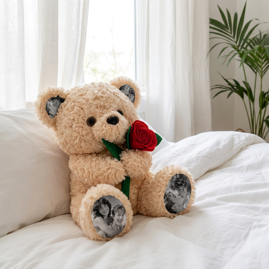 Custom Photo Teddy Bear with Rose Personalized Plush Bear with Pictures on Ears & Feet, Romantic Gift for Anniversary