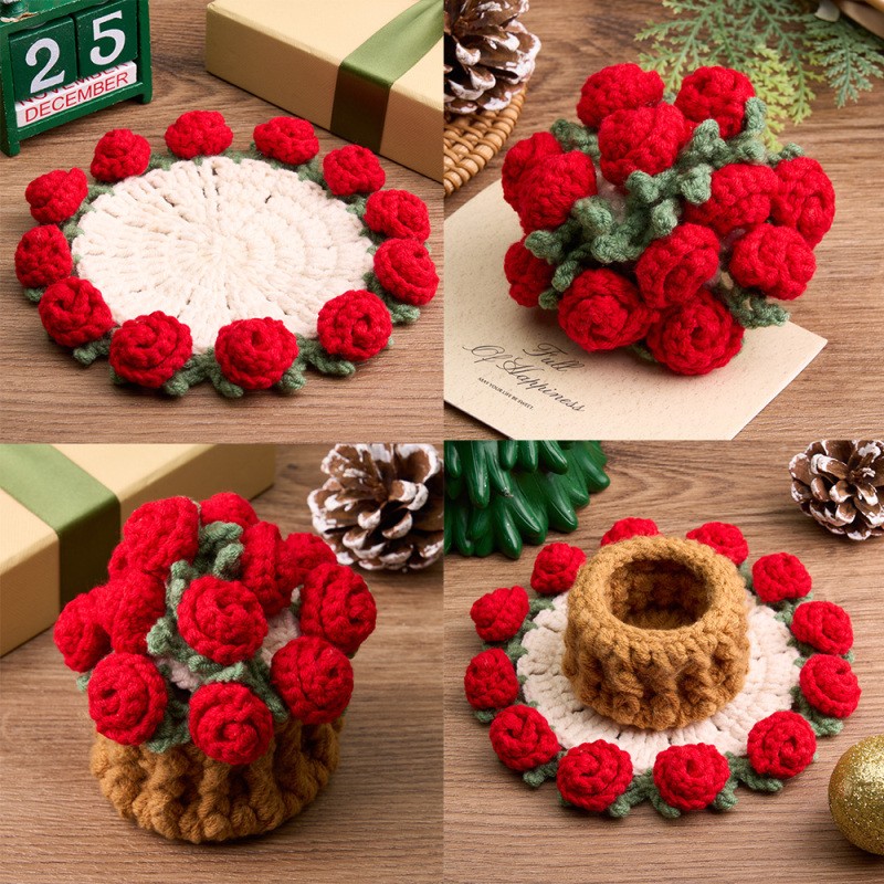 Handmade Crochet Rose Bouquet Coaster Set Transformable Floral Coaster & Home Decor Unique Eco-Friendly Gift
