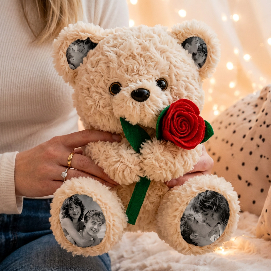Custom Photo Teddy Bear with Rose Personalized Plush Bear with Pictures on Ears & Feet, Romantic Gift for Anniversary