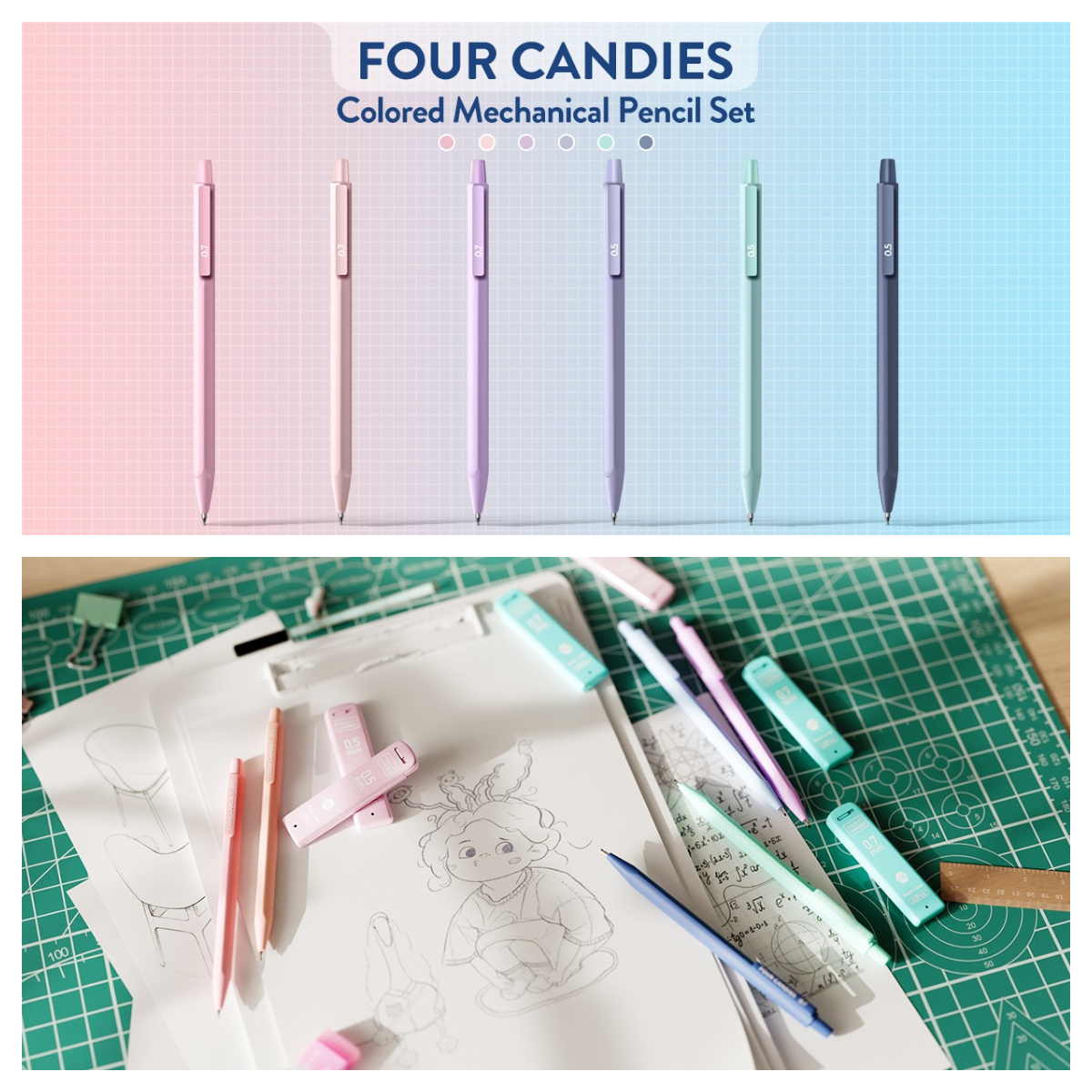 Four Candies Cute Mechanical Pencil Set, 6PCS Pastel Mechanical Pencils with 360PCS Leads, 3PCS Erasers and 9PCS Eraser Refills, Aesthetic Pencils for Girls Writing, Art Drawing