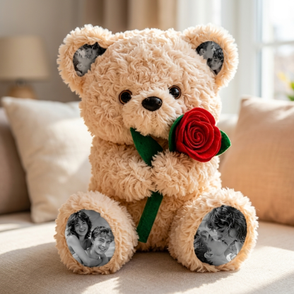 Custom Photo Teddy Bear with Rose Personalized Plush Bear with Pictures on Ears & Feet, Romantic Gift for Anniversary
