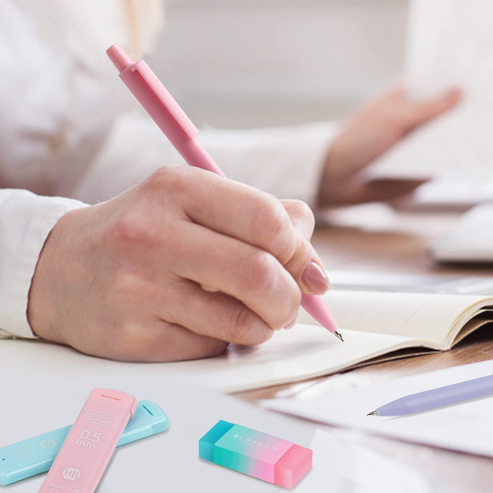 Four Candies Cute Mechanical Pencil Set, 6PCS Pastel Mechanical Pencils with 360PCS Leads, 3PCS Erasers and 9PCS Eraser Refills, Aesthetic Pencils for Girls Writing, Art Drawing