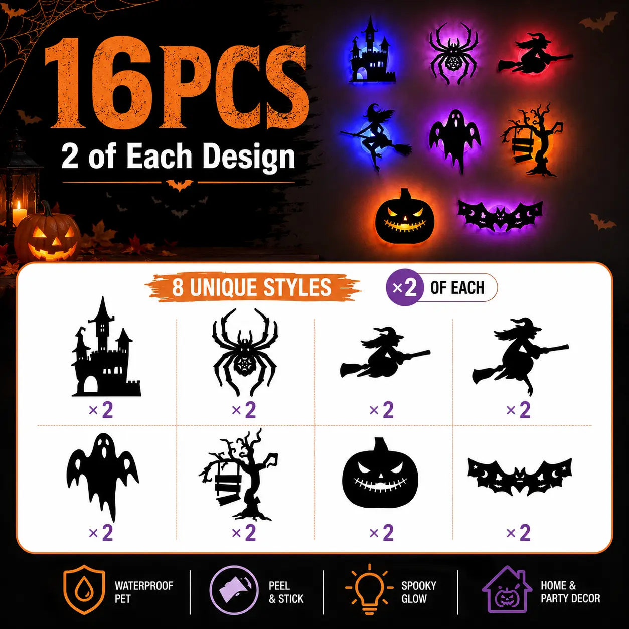 Halloween LED Silhouette Wall Light Stickers, Battery Powered Peel & Stick Decor Lights,Waterproof Wall Decor, Spooky Ghost Pumpkin Witch Bat Castle Spider Tree Ornaments for Home Window Door Party