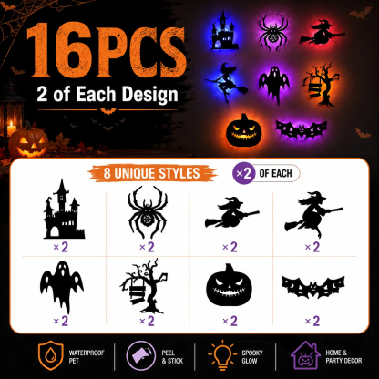 Halloween LED Silhouette Wall Light Stickers, Battery Powered Peel & Stick Decor Lights,Waterproof Wall Decor, Spooky Ghost Pumpkin Witch Bat Castle Spider Tree Ornaments for Home Window Door Party