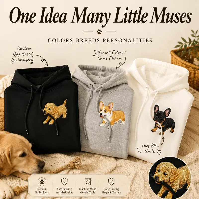 Custom Pet Embroidered Hoodie – Personalized Dog Photo Embroidery Hoodie with Puppy "Biting Drawstring" Design | Custom Pet Lover Gift