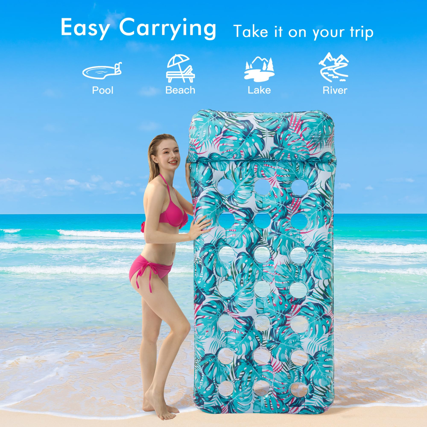 Inflatable Pool Float Mat, Giant Pool Floats Adult Size with Headrest, Lake Float Raft Water Lounger, Multi-Purpose Swimming Pool Floats for Pool Party, Summertime Beach, Outdoor