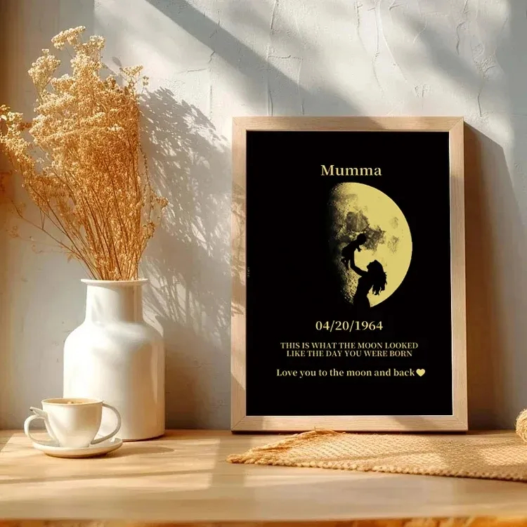 Custom Gold Foil Print Moon Phase Wooden Frame with Silhouette Custom Mother's Day Art Frame Best Gift for Mom