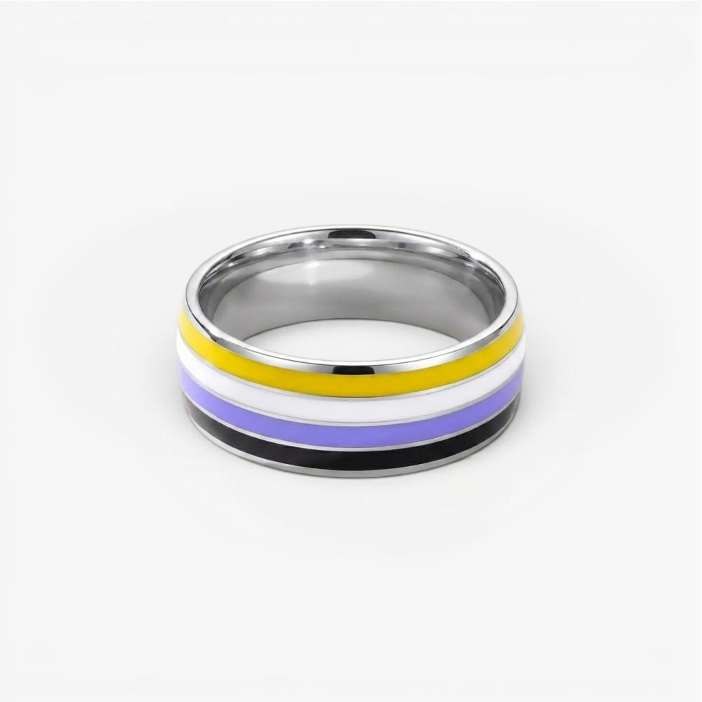 ColorPulse Stainless Steel Rainbow Enamel Band Ring, Classic Three Color Stripes Polished Comfort Fit Wedding Band Statement Jewelry Gift for Men Women