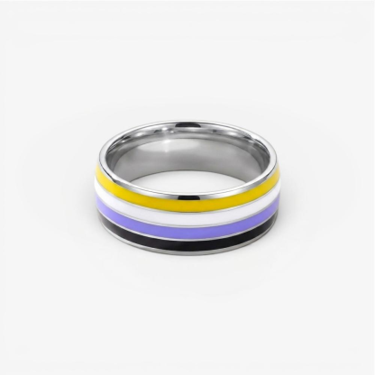 ColorPulse Stainless Steel Rainbow Enamel Band Ring, Classic Three Color Stripes Polished Comfort Fit Wedding Band Statement Jewelry Gift for Men Women
