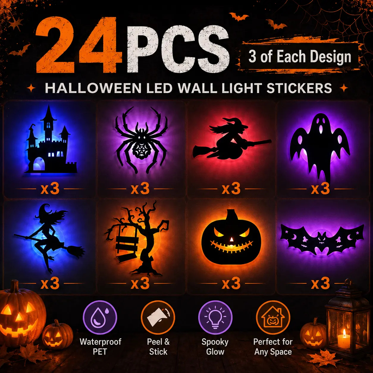 Halloween LED Silhouette Wall Light Stickers, Battery Powered Peel & Stick Decor Lights,Waterproof Wall Decor, Spooky Ghost Pumpkin Witch Bat Castle Spider Tree Ornaments for Home Window Door Party
