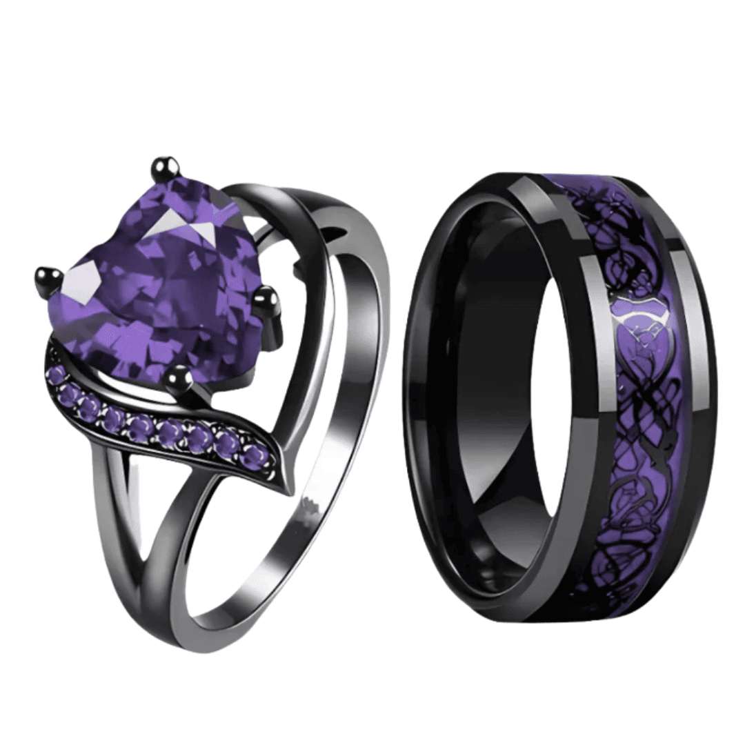 Gothic Black Plated Couple Ring Set Big Heart Red Zircon Women Ring Red Dragon Pattern Tungsten Men Band Lover Matching Jewelry