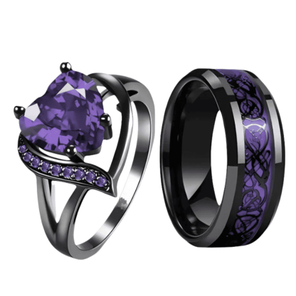 Gothic Black Plated Couple Ring Set Big Heart Red Zircon Women Ring Red Dragon Pattern Tungsten Men Band Lover Matching Jewelry