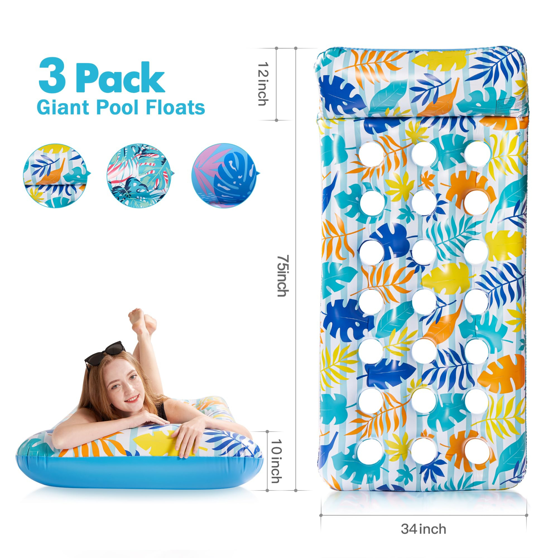 Inflatable Pool Float Mat, Giant Pool Floats Adult Size with Headrest, Lake Float Raft Water Lounger, Multi-Purpose Swimming Pool Floats for Pool Party, Summertime Beach, Outdoor
