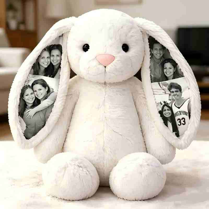 Custom Photo Bunny Plush with Personalized Name Embroidery & Hidden Ear Picture – Cute Bunny Gift for Couples, Anniversary Gifts